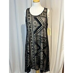 One World NWT Hi-Low Dress Aztec Print Large Black & Tan 2 Layer Print Women NEW